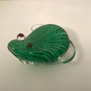 ART GLASS Green Frog with  Red Eyes Vintage
